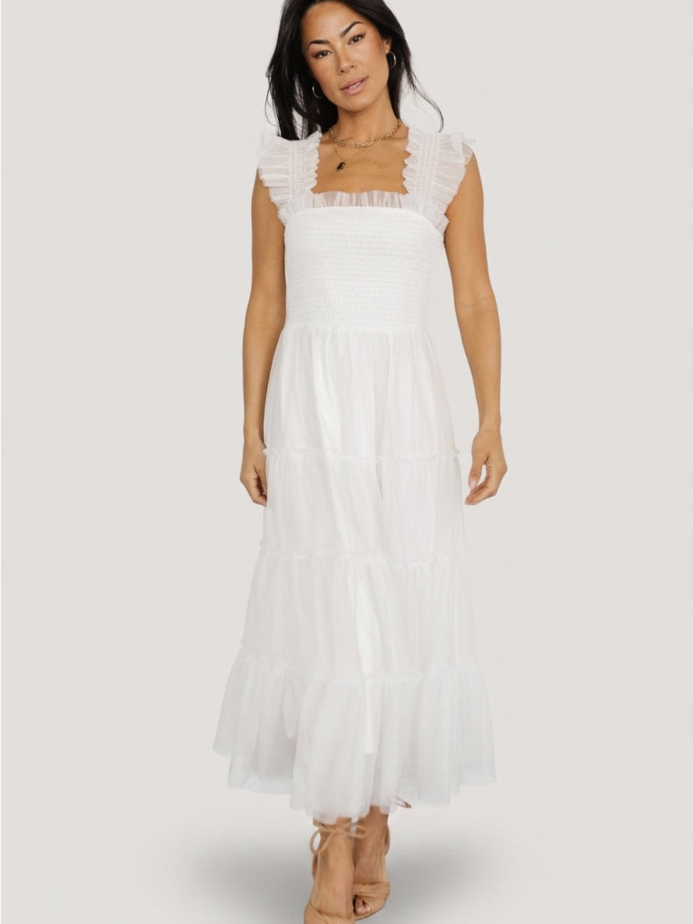 Baltic Born White Ruffled Strap Smocked Maxi Dress